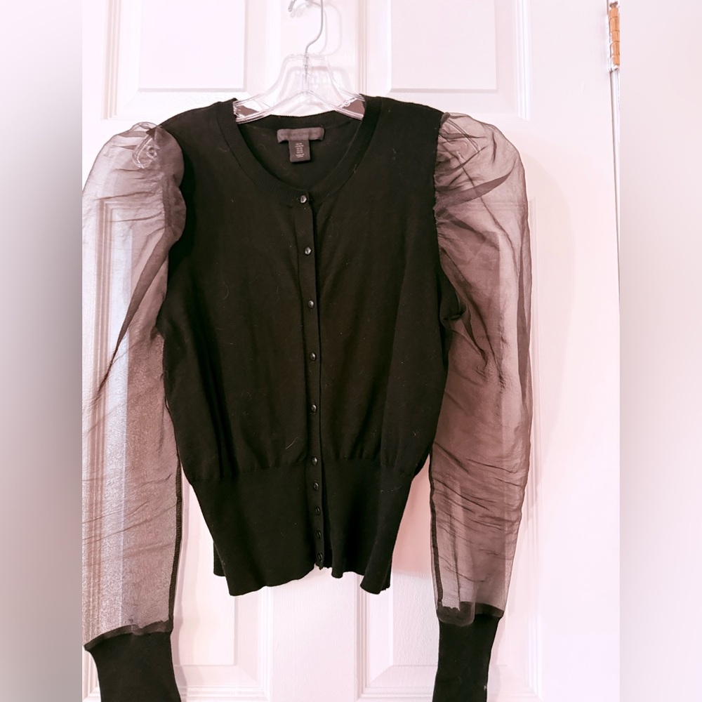 T144- Chic Black Cardigan with Sheer Sleeves